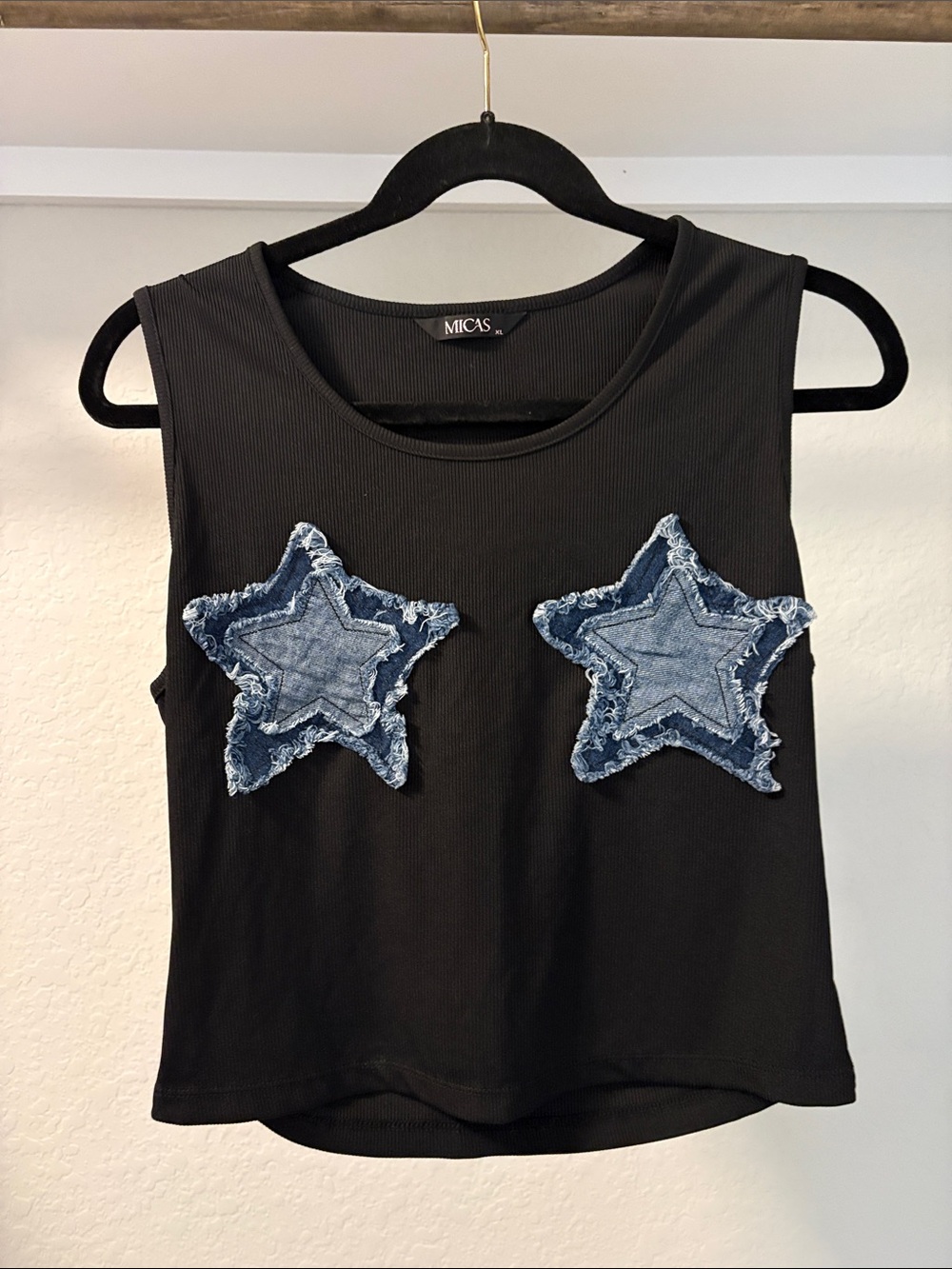 MICAS Black Ribbed Tank Top with Denim Star Patches